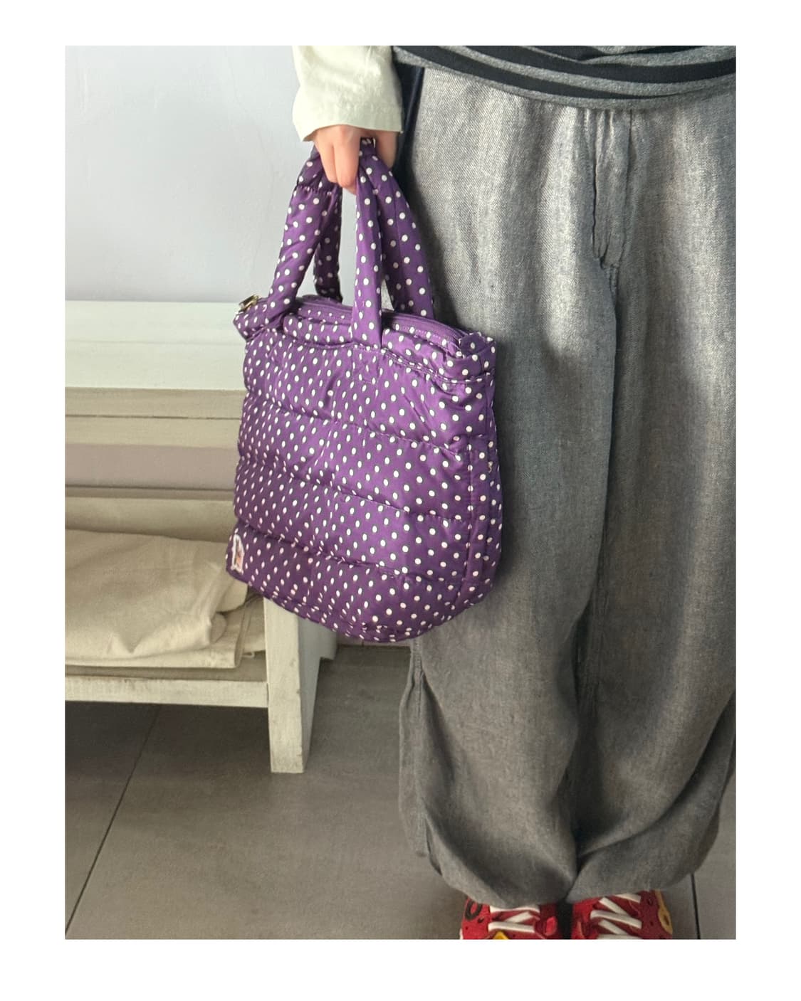 패딩 도트백 포도색 보라색 땡땡이 가방 토트백 일본빈티지 상품이미지4