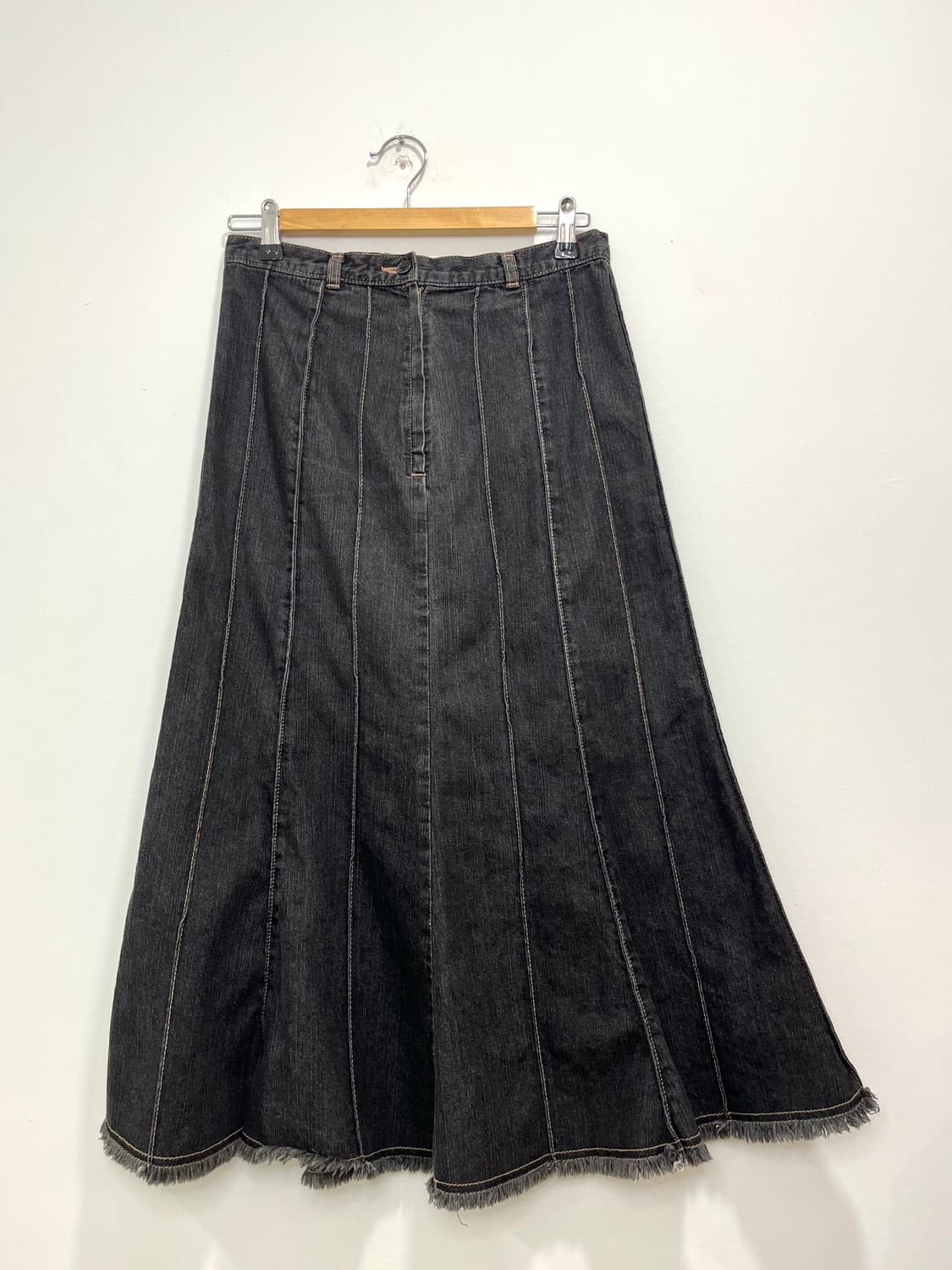 일본 빈티지 모리걸 플레어 흑청 데님 롱스커트 상품이미지1