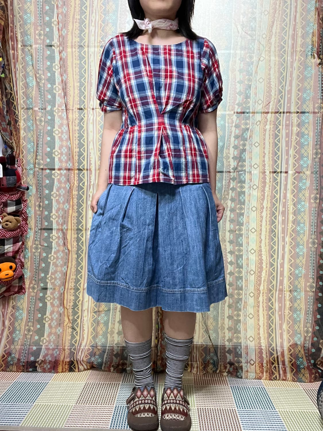 Chocol Raffine Robe 레드 블루 체크 블라우스 상품이미지1