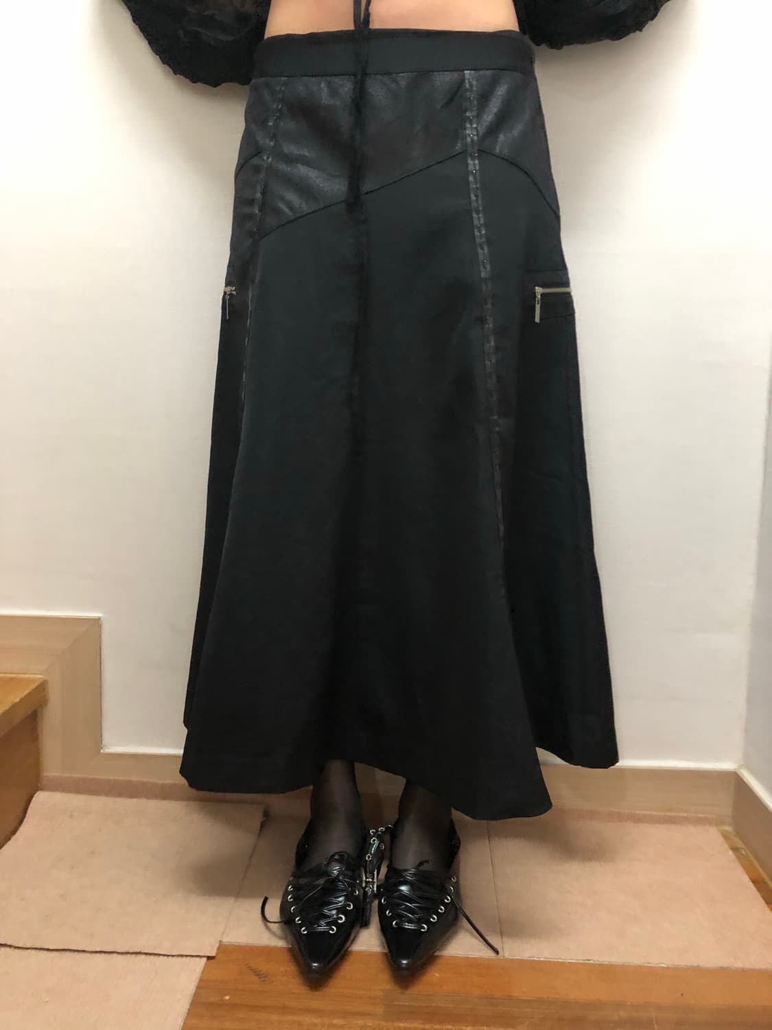 빈티지 블랙 펑크 레더 롱 스커트 상품이미지1