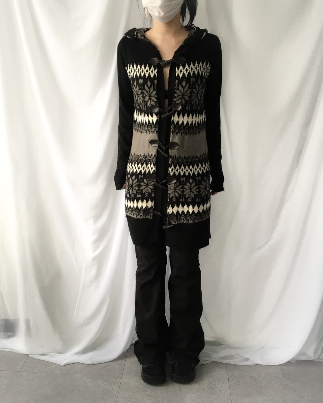 Snow pattern duffle button hood knit car 상품이미지6