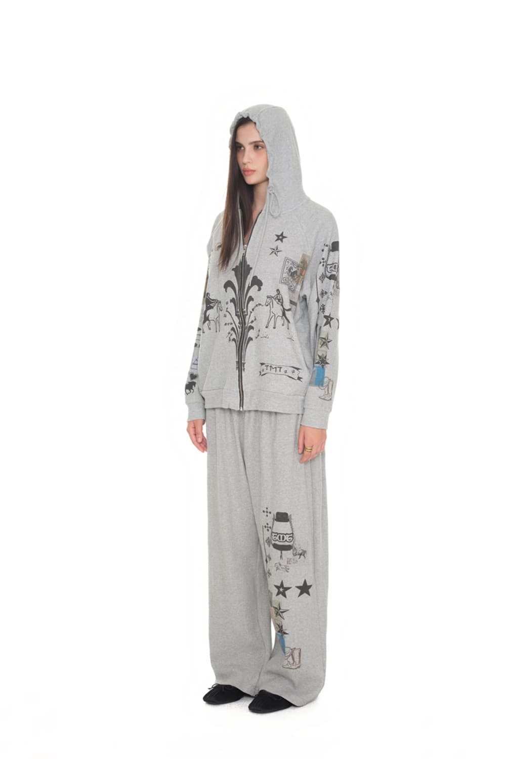 투머치택스 PRINTED WAFFLE ZIP-UP HOODIE 그레이 상품이미지2