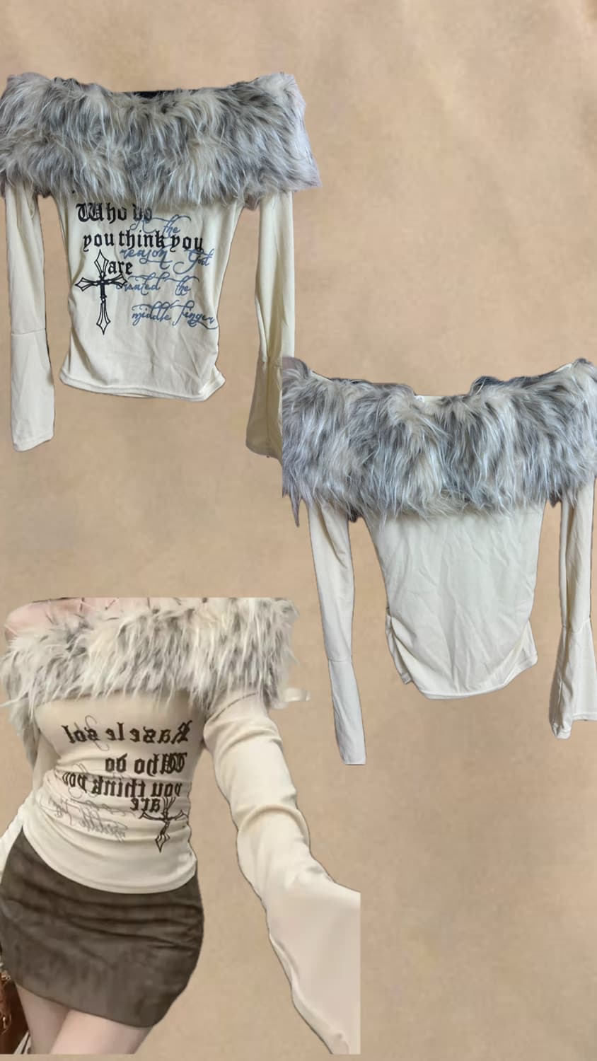 닝닝st 아이보리색 퍼 오프숄더 탑 새상품 상품이미지2