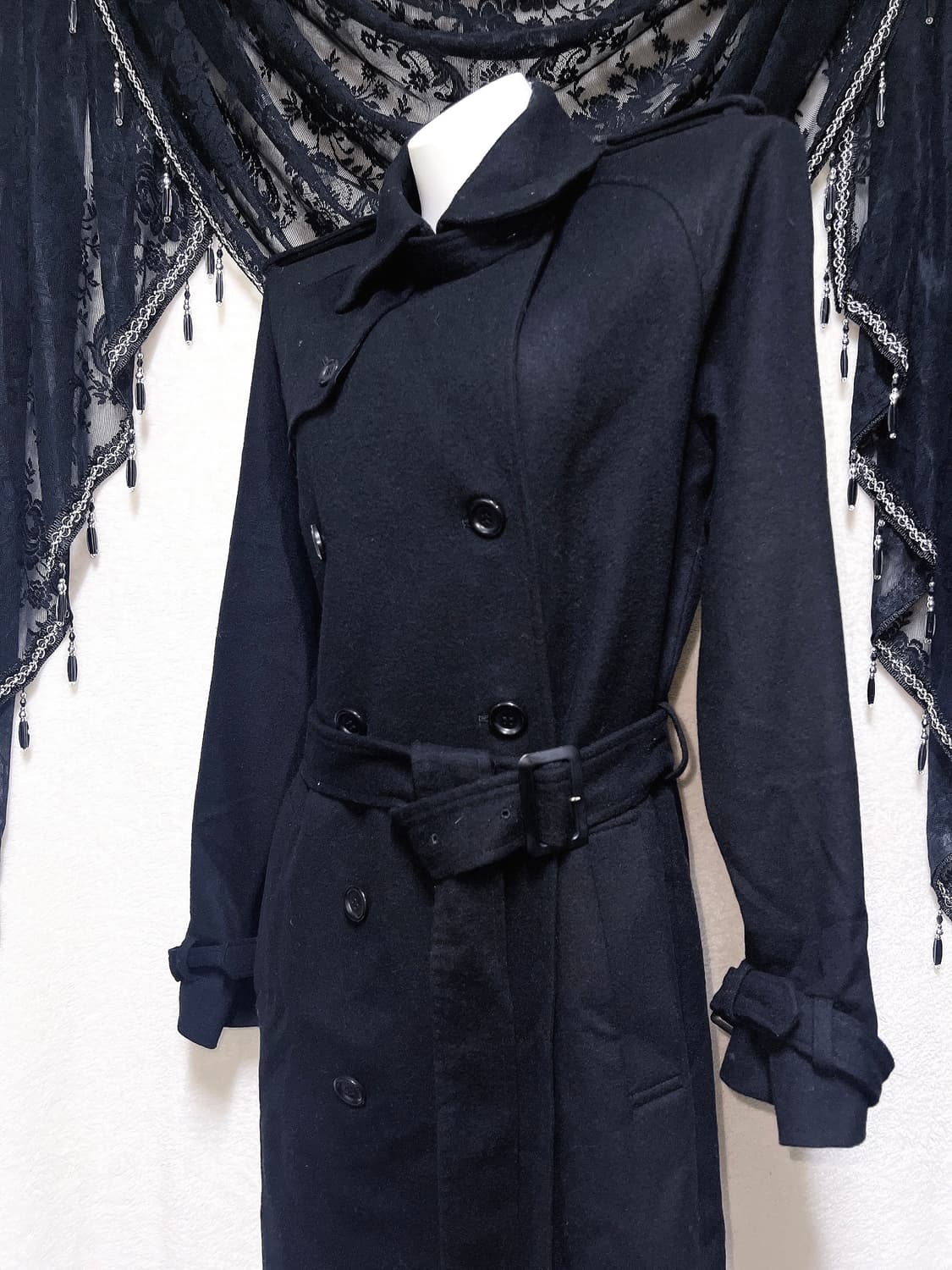 블랙 견장 버튼 모직 롱코트 자켓 고스펑크 갸루 고딕 베이직 다크 핀터 상품이미지3