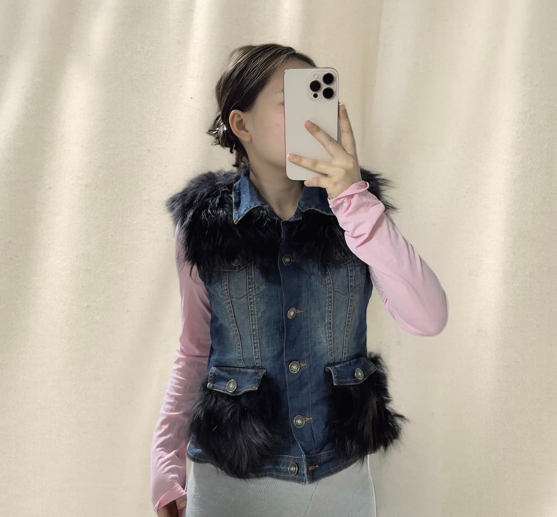 빈티지 이타리아 브랜드 라쿤퍼 데님 조끼 베스트 상품이미지1