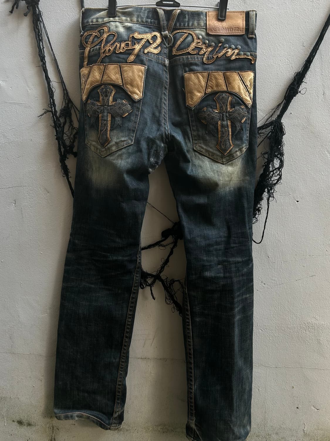 2000s clowd 72 펑크 크로스 레더 워싱 데님팬츠  상품이미지3
