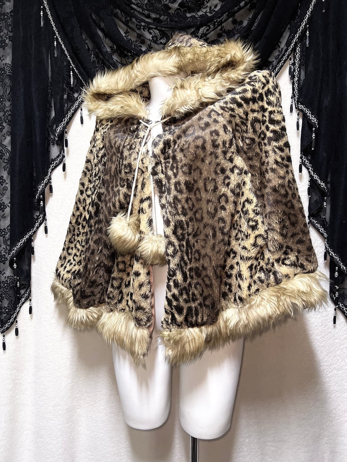 호피 레오파드 폼폼 퍼후드 케이프 망토 판초 오네갸루 라떼 핀터 펑크 상품이미지1