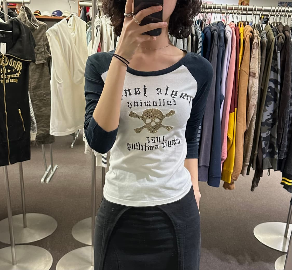 M)Japanese vintage 해골 레터링 레글런 롱슬리브 상품이미지1