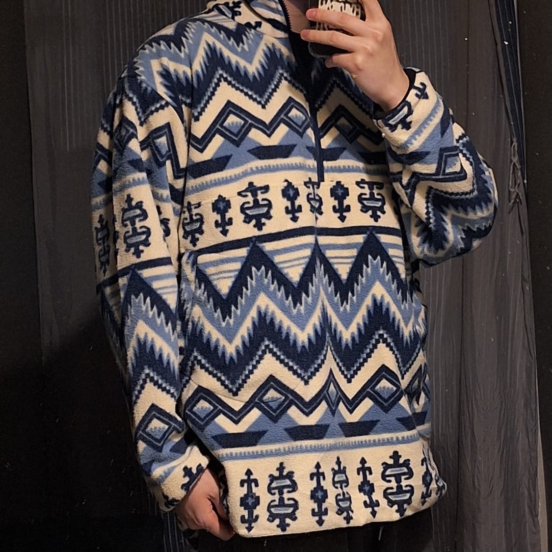 빈티지 JP 블루 스카이블루 화이트 배색 에스닉패턴 아노락 플리스 후리스 상품이미지2