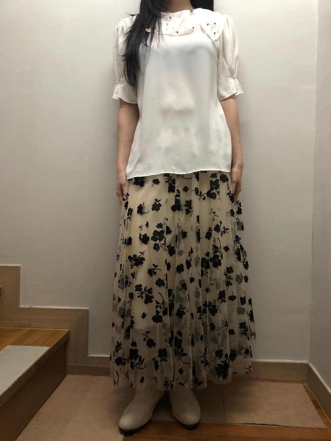 빈티지 베이지 블랙 플라워 레이스 스커트 상품이미지5