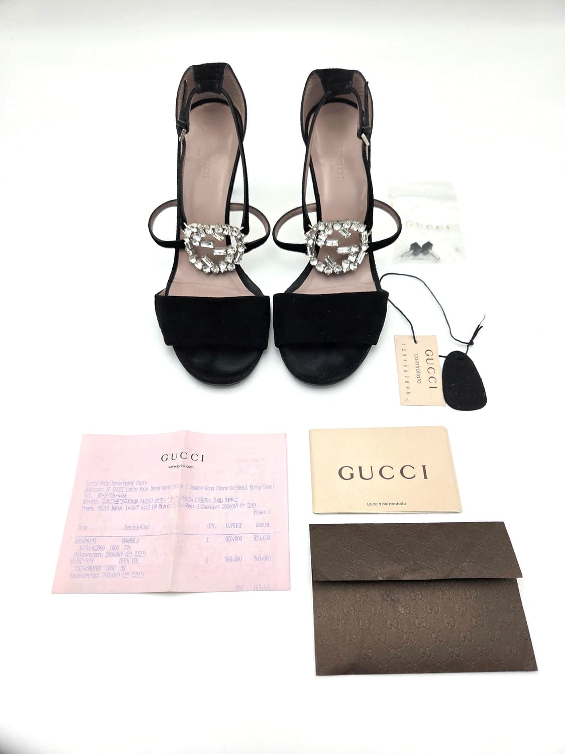 구찌GG 블랙 스웨이드 크리스탈 앵클스트랩 샌들 힐 37반 상품이미지8