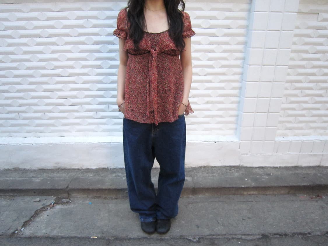 빈티지 블라우스 퍼프 슬리브 플라워 패턴 리본 타이 스트랩 디테일 오렌지 상품이미지4