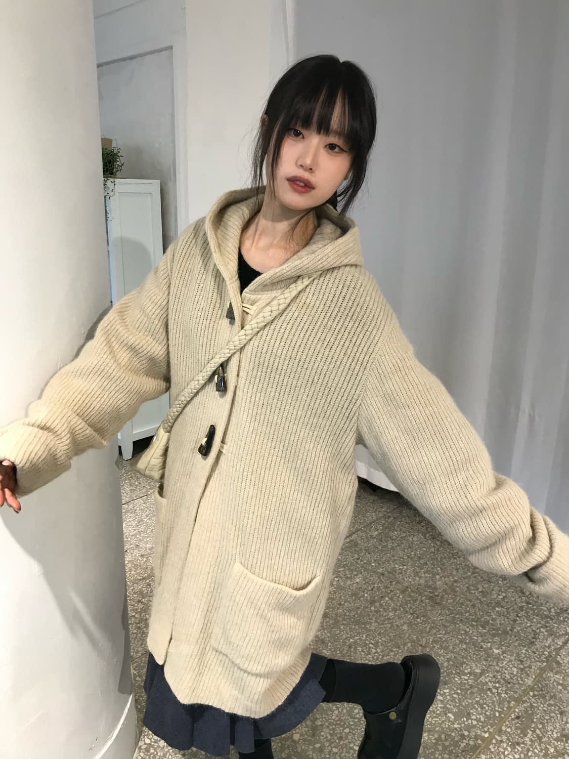오트밀 니트 후드 코트 상품이미지1