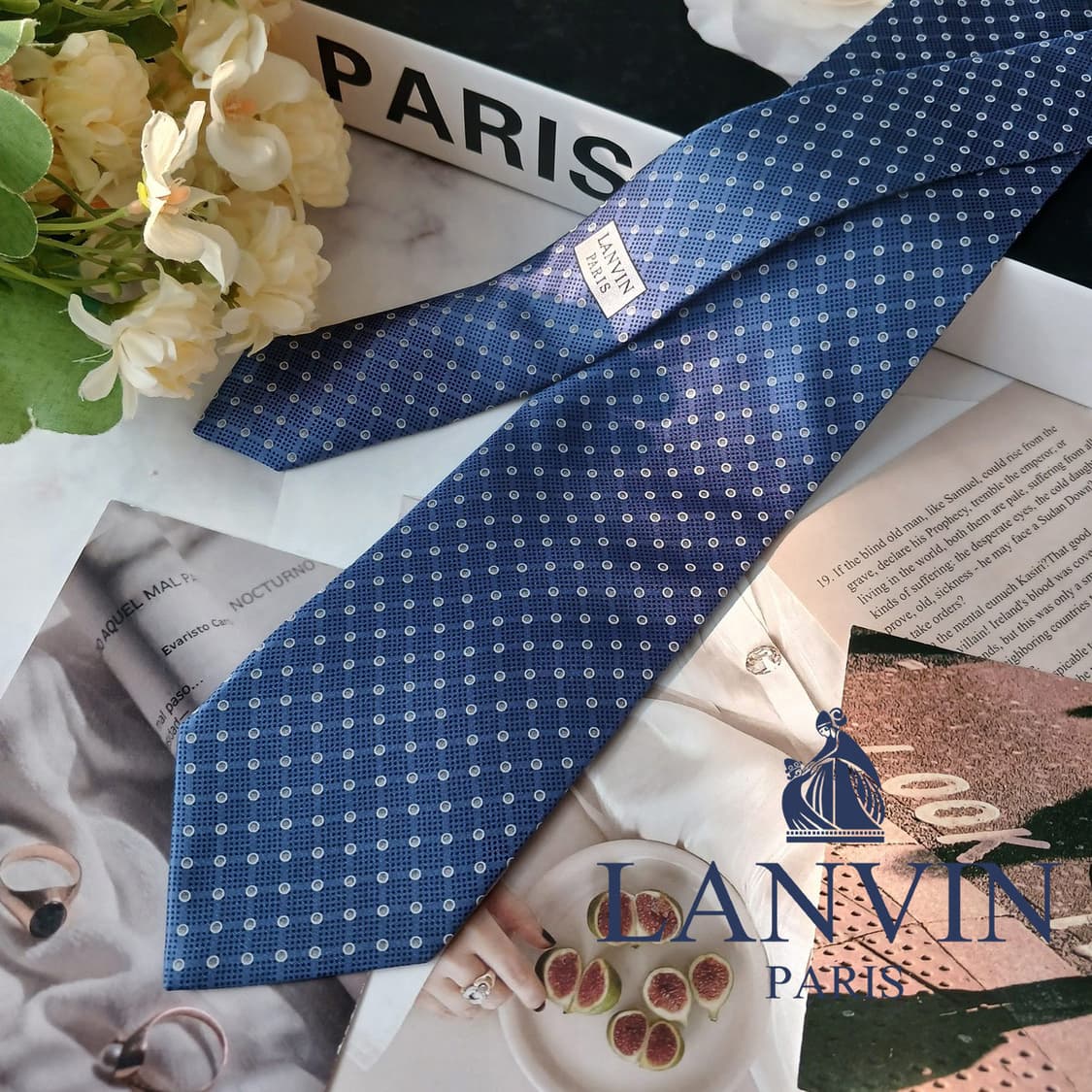 LANVIN 랑방 실크 네이비 도트 패턴 넥타이 8cm A+등급 E751 상품이미지2
