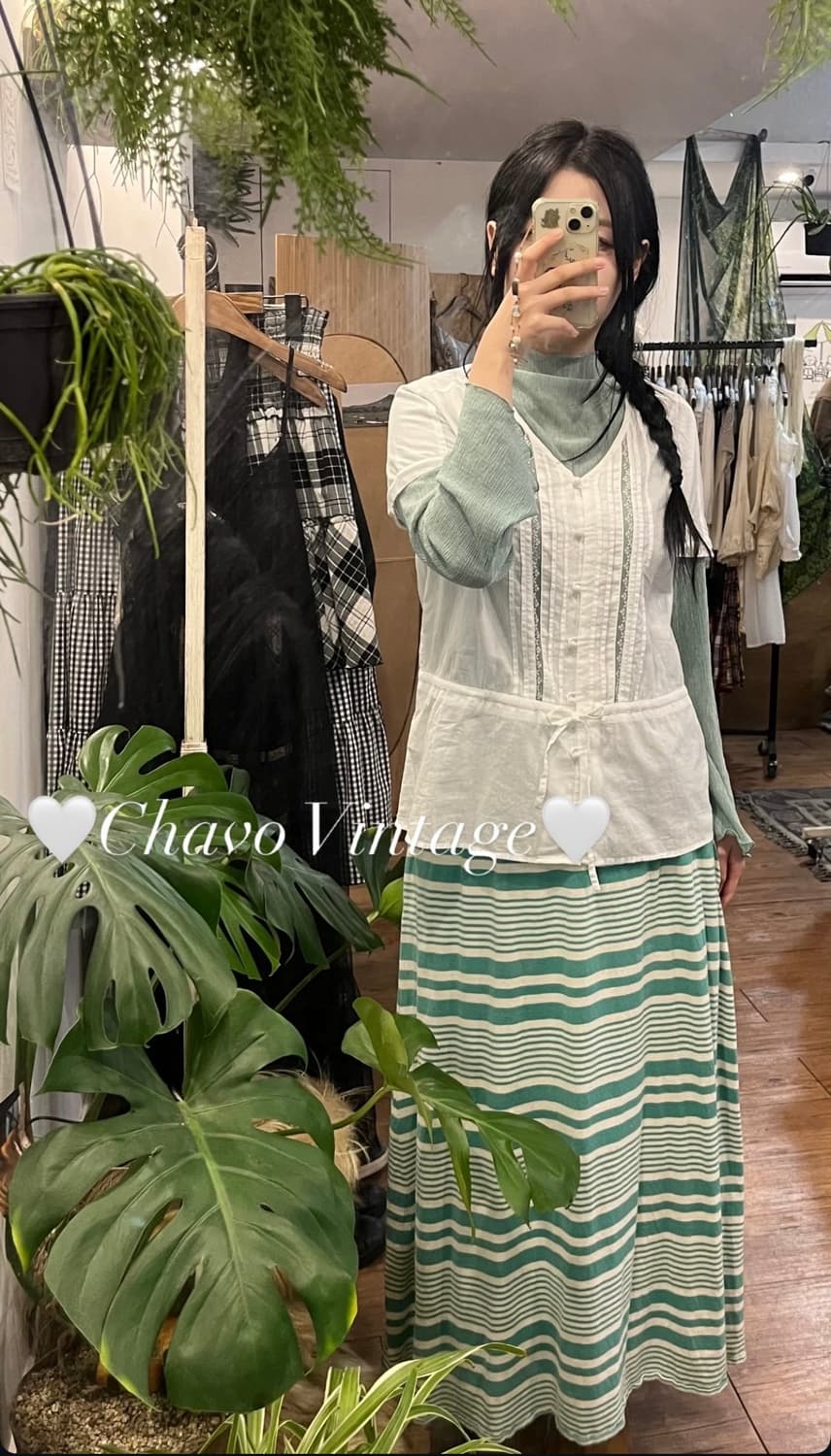빈티지 그린 모리 코디세트 (스트라이프 스커트, 화이트 레이스 블라우스) 상품이미지2