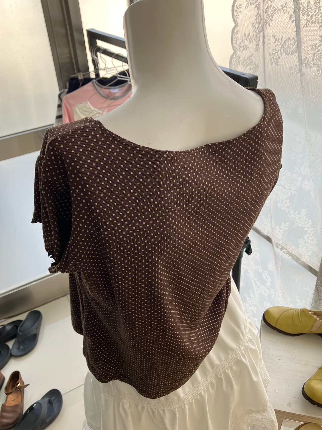 초코브라운 땡땡이 셔링 블라우스 1297 모리걸 일본빈티지 상품이미지8