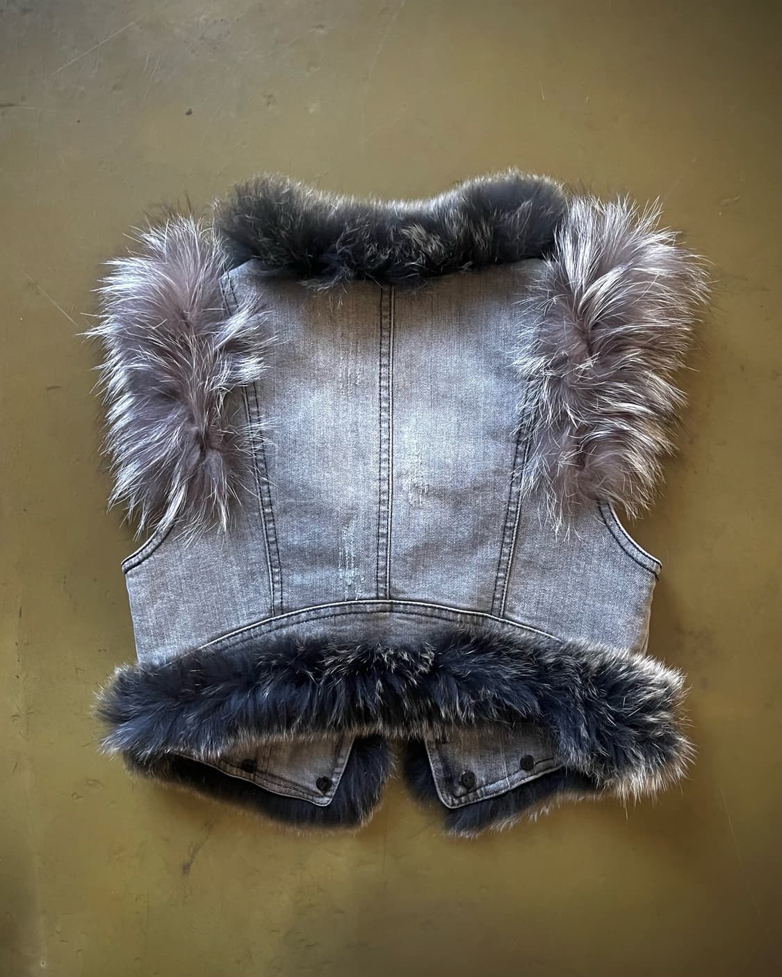 JPN Vintage Fox Fur Trim Gray Denim Vest 상품이미지9