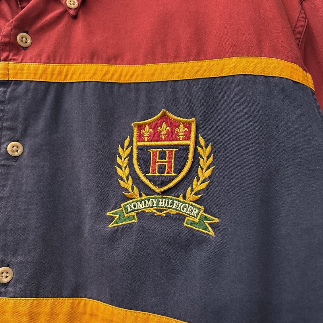 90s 타미힐피거 올드스쿨 컬러블럭 크레스트 와펜 코튼셔츠 N1035 상품이미지5