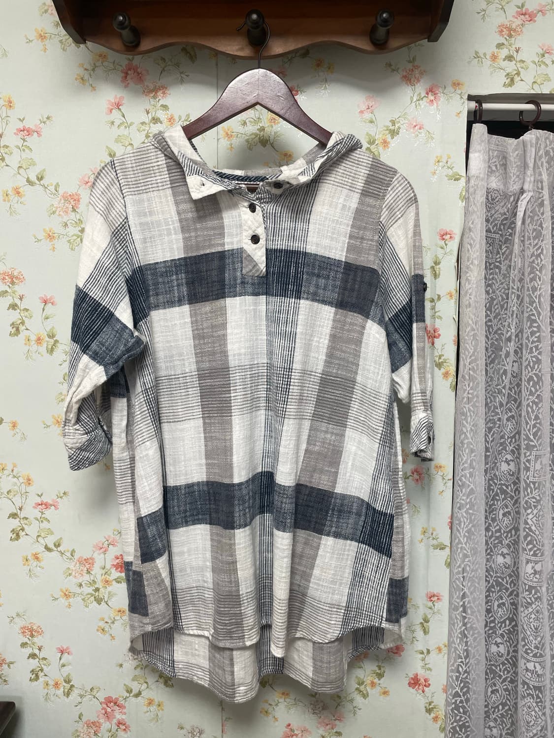 체크 후드 칠부 상의 상품이미지1