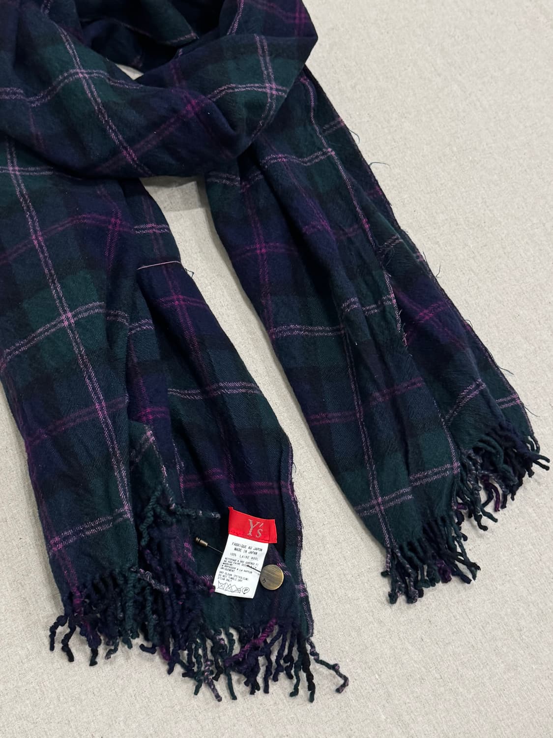 요지야마모토 러플 체크그린 울 머플러 상품이미지4