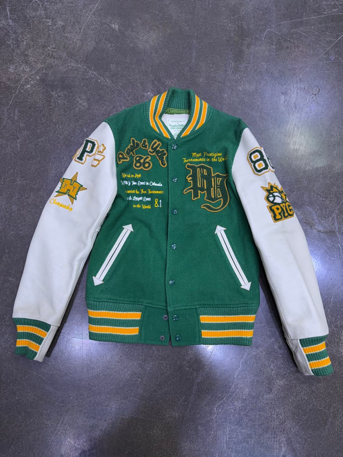 Purple&Yellow 부클 자수 소가죽 배색 스타장 바시티자켓 S 상품이미지1