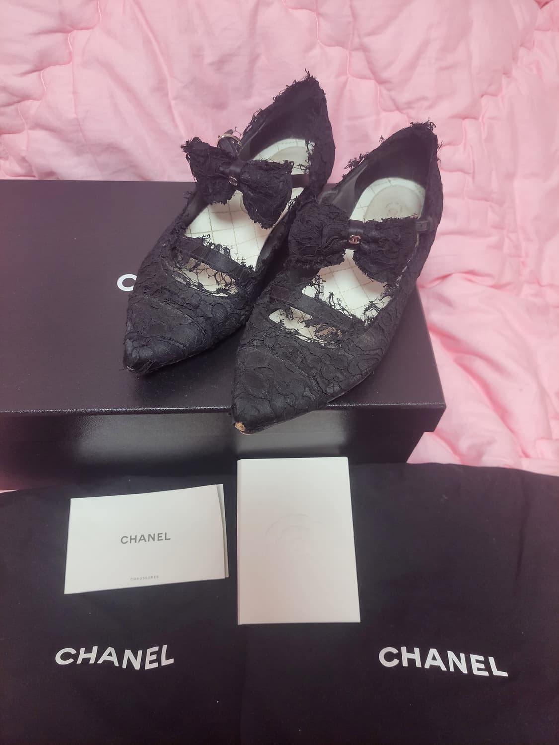 정품)급처상태양호!샤넬 로고 리본레이스 메리제인 스트랩 플랫슈즈 공주구두 상품이미지1