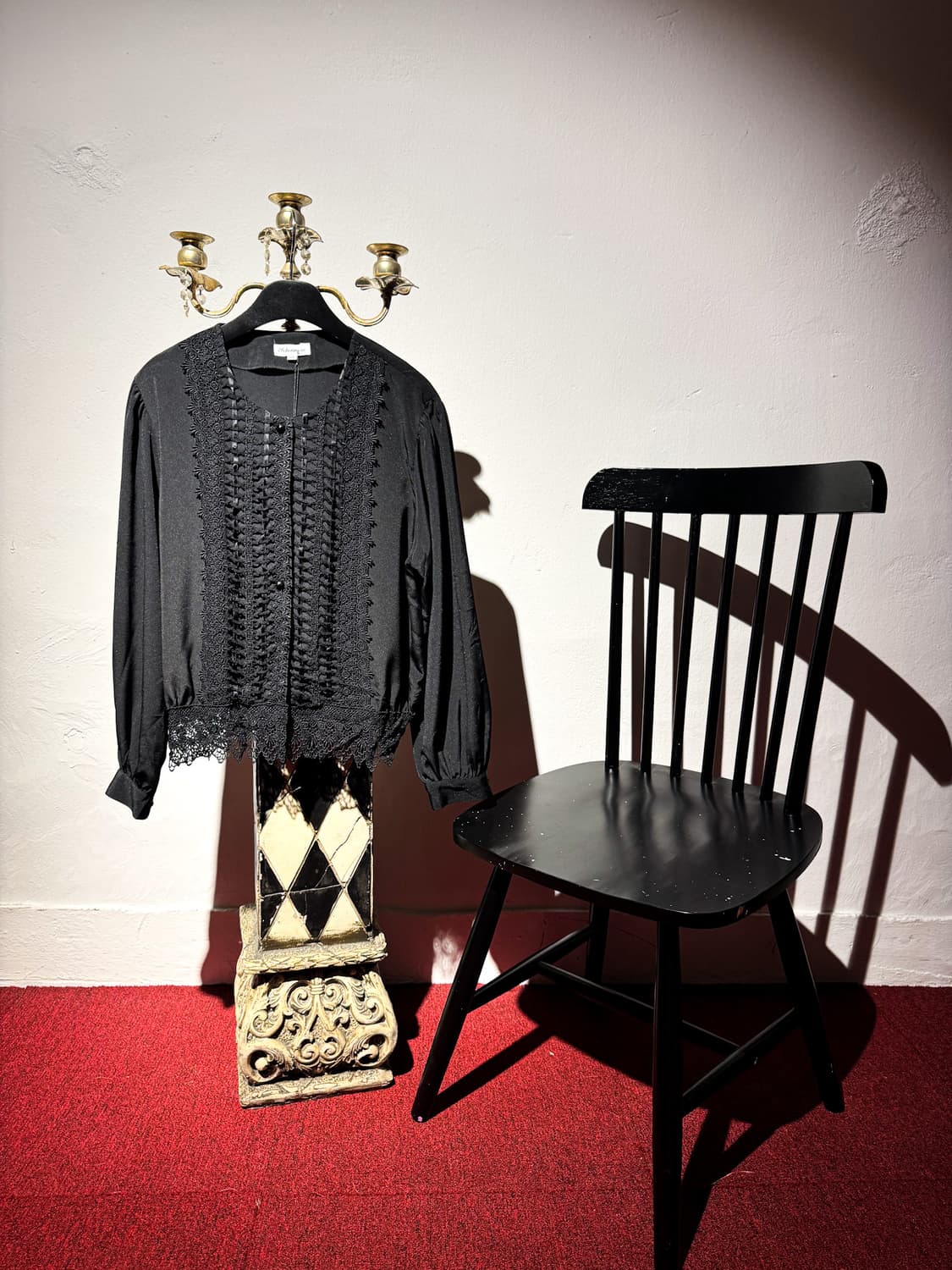 Black Lace Detail No-collar Shirt 상품이미지1