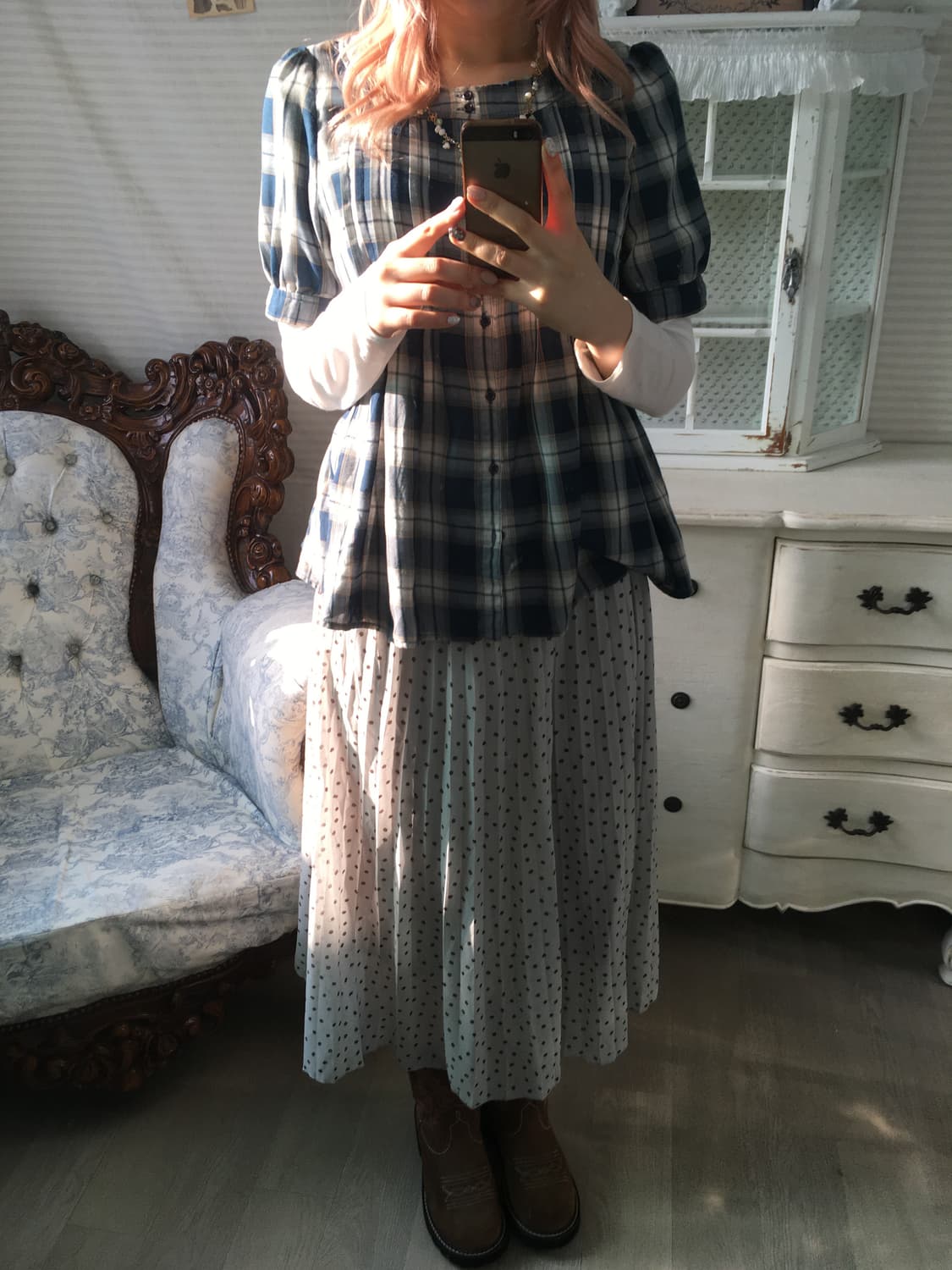 jpn vintage blue check pintuck blouse 상품이미지6