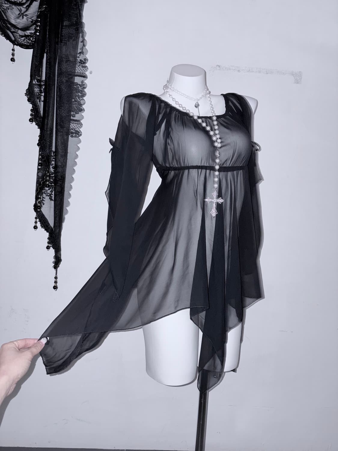 오즈온깔 언발 고스 시스루 원피스 고딕 블랙 상품이미지5