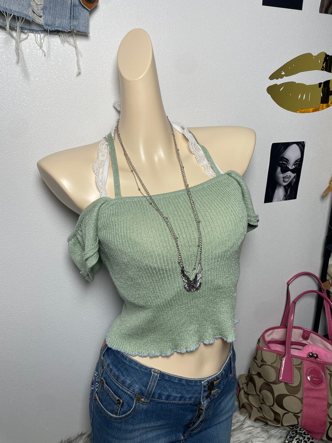 민트 그린 글리터 홀터 오프숄더 탑 상품이미지2