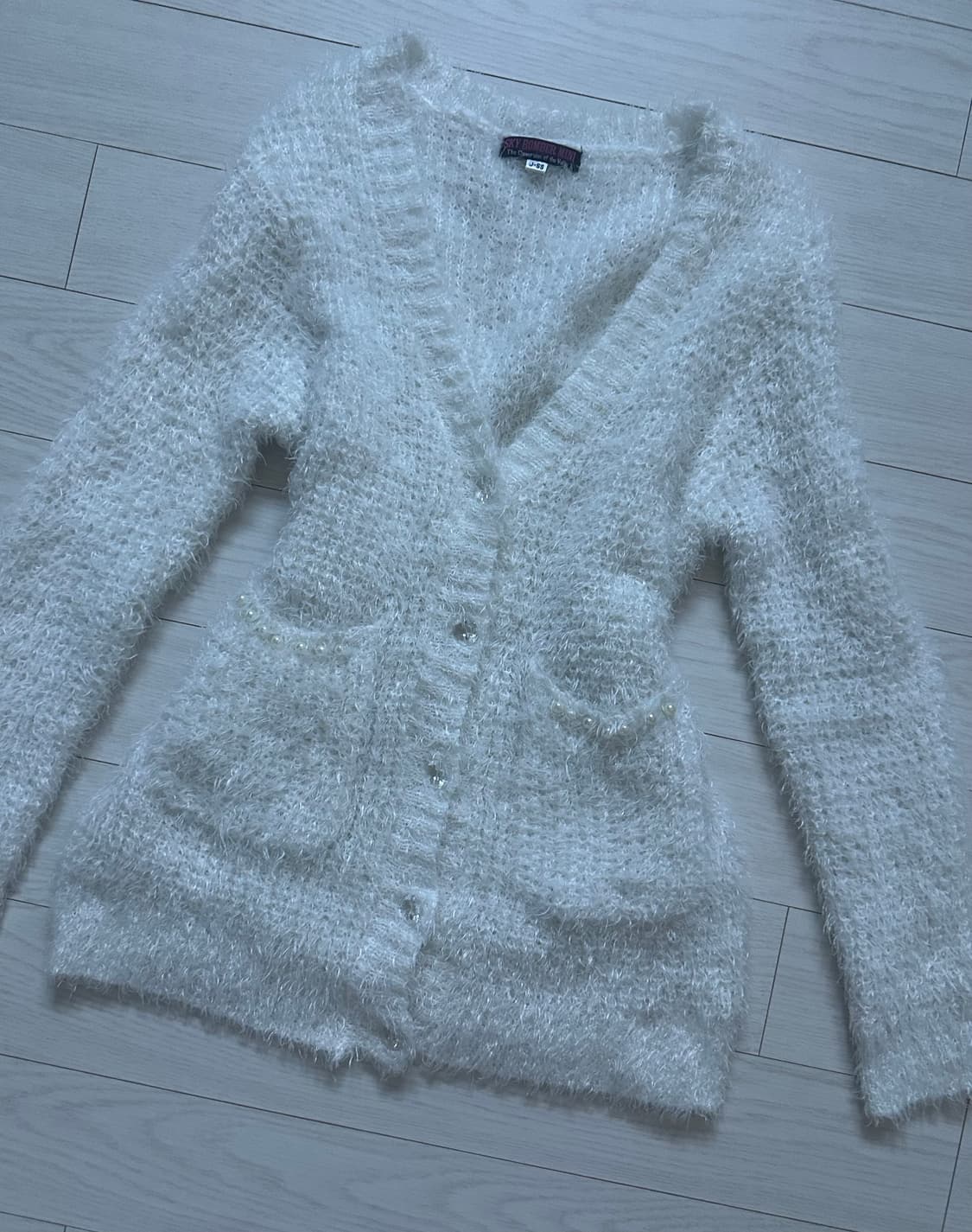 폭닥 히메갸루 일브 진주, 크리스탈 단추 / 헤어리 모헤어 브이넥 가디건 상품이미지2