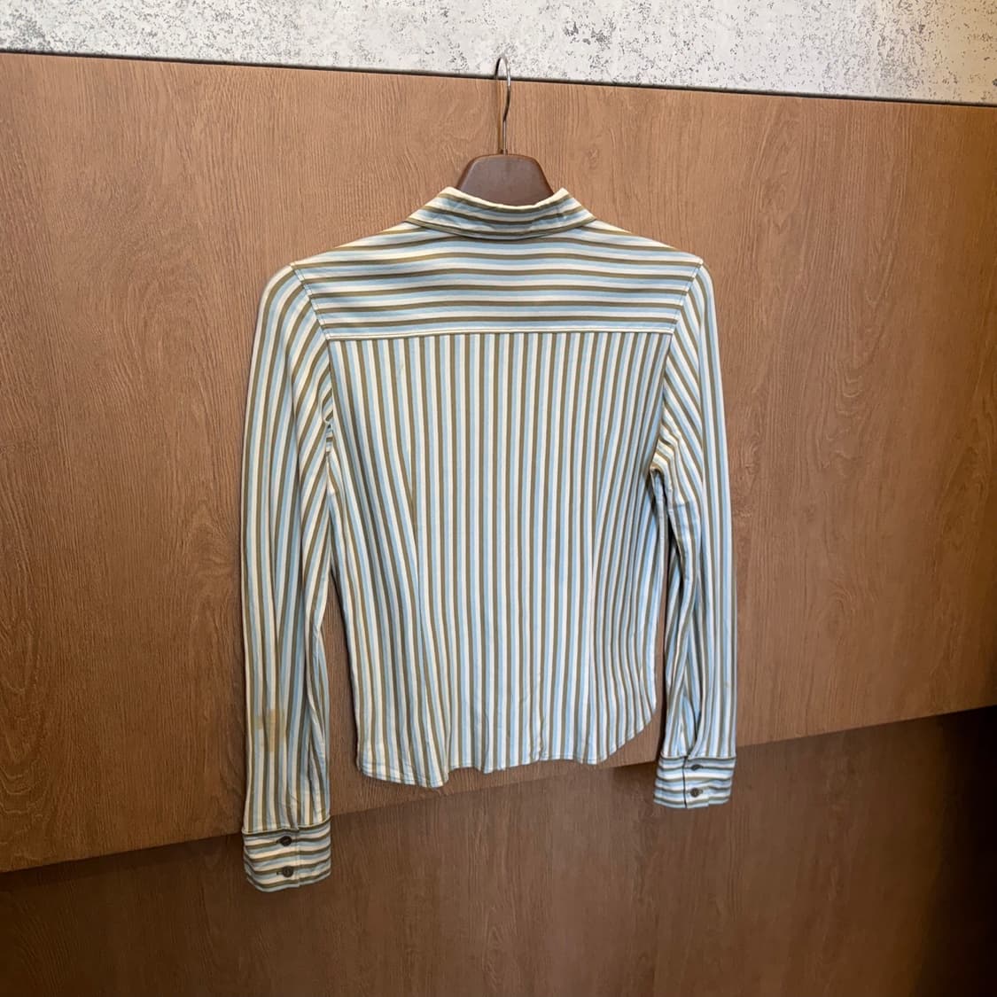 빈티지 코튼 크롭 셔츠 배색 스트라이프 패턴 디테일 브라운 블루 상품이미지2