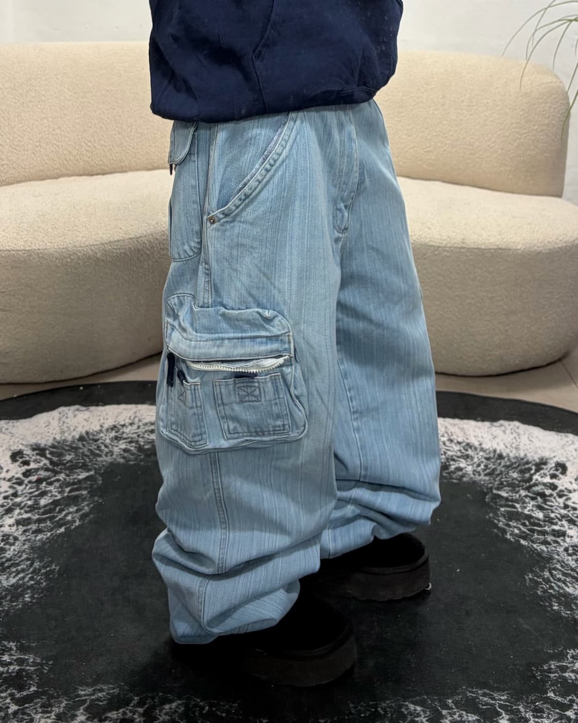 90s 올드스쿨 빈티지 스트라이프 워시드 데님 카고 와이드 힙합팬츠 상품이미지2