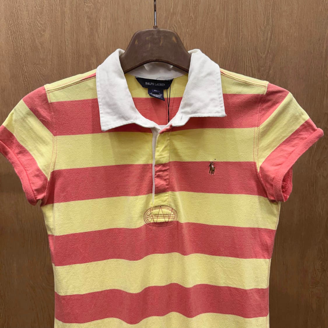 랄프로렌 스트라이프 카라 프릴 미니 원피스 슬림핏 옐로우 핑크 상품이미지4