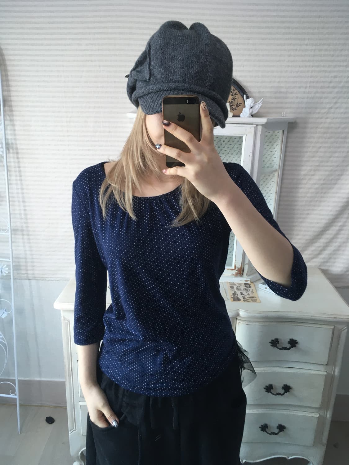 일본빈티지 네이비 도트 티셔츠 상품이미지2