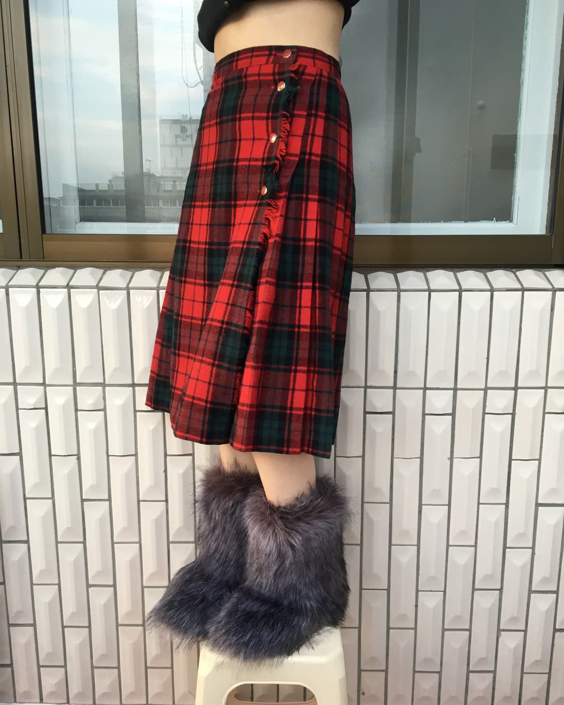 Fringe point woolen check pattern wrap s 상품이미지6
