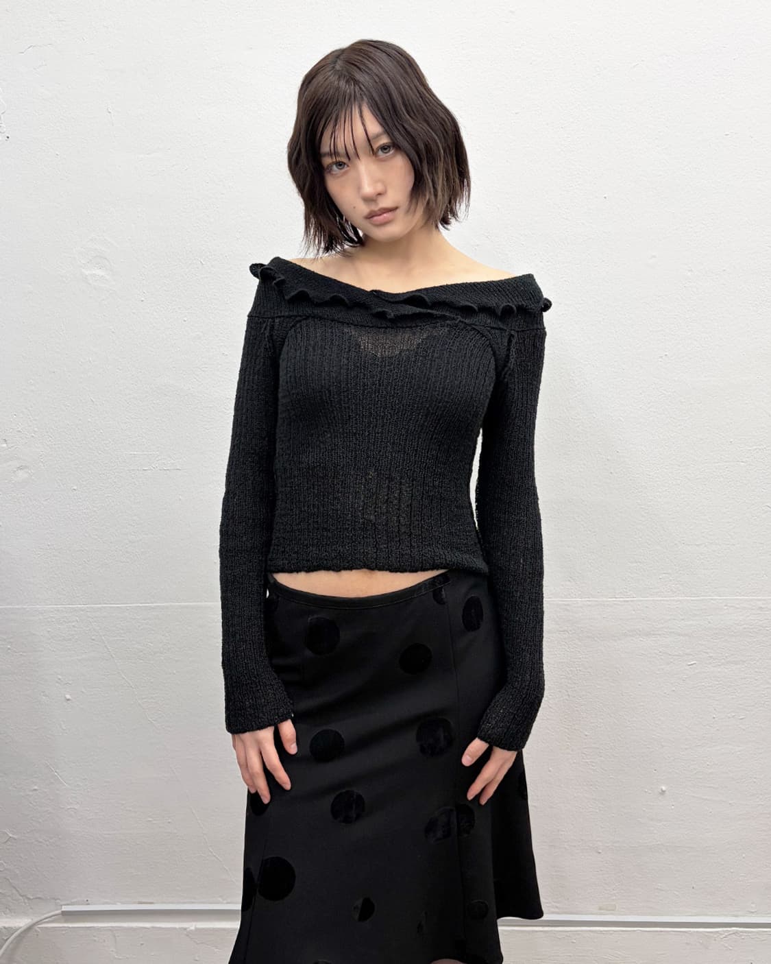 빈티지 러플넥 시어 니트 탑 상품이미지1