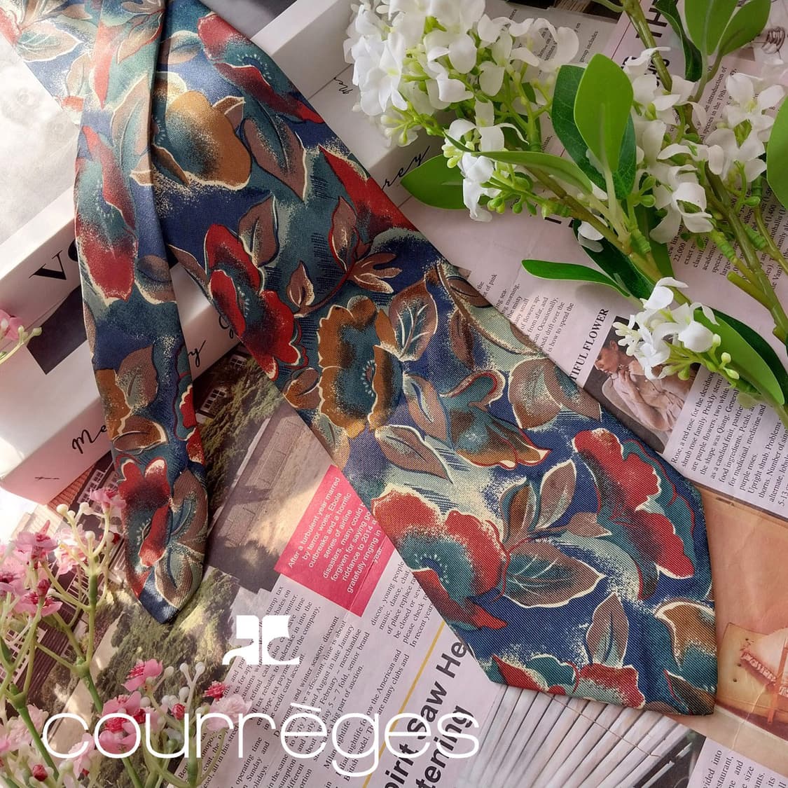 꾸레쥬 실크 그린 플로럴 아트 넥타이 9.4cm A등급 K1941 상품이미지2