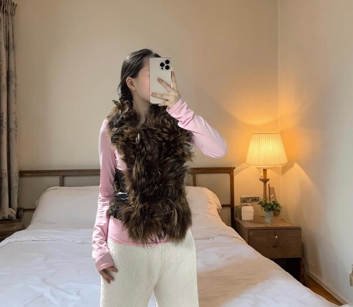 빈티지 고딕 밀레니엄 라쿤퍼 염소새끼털 양가죽 조끼 베스트 상품이미지4