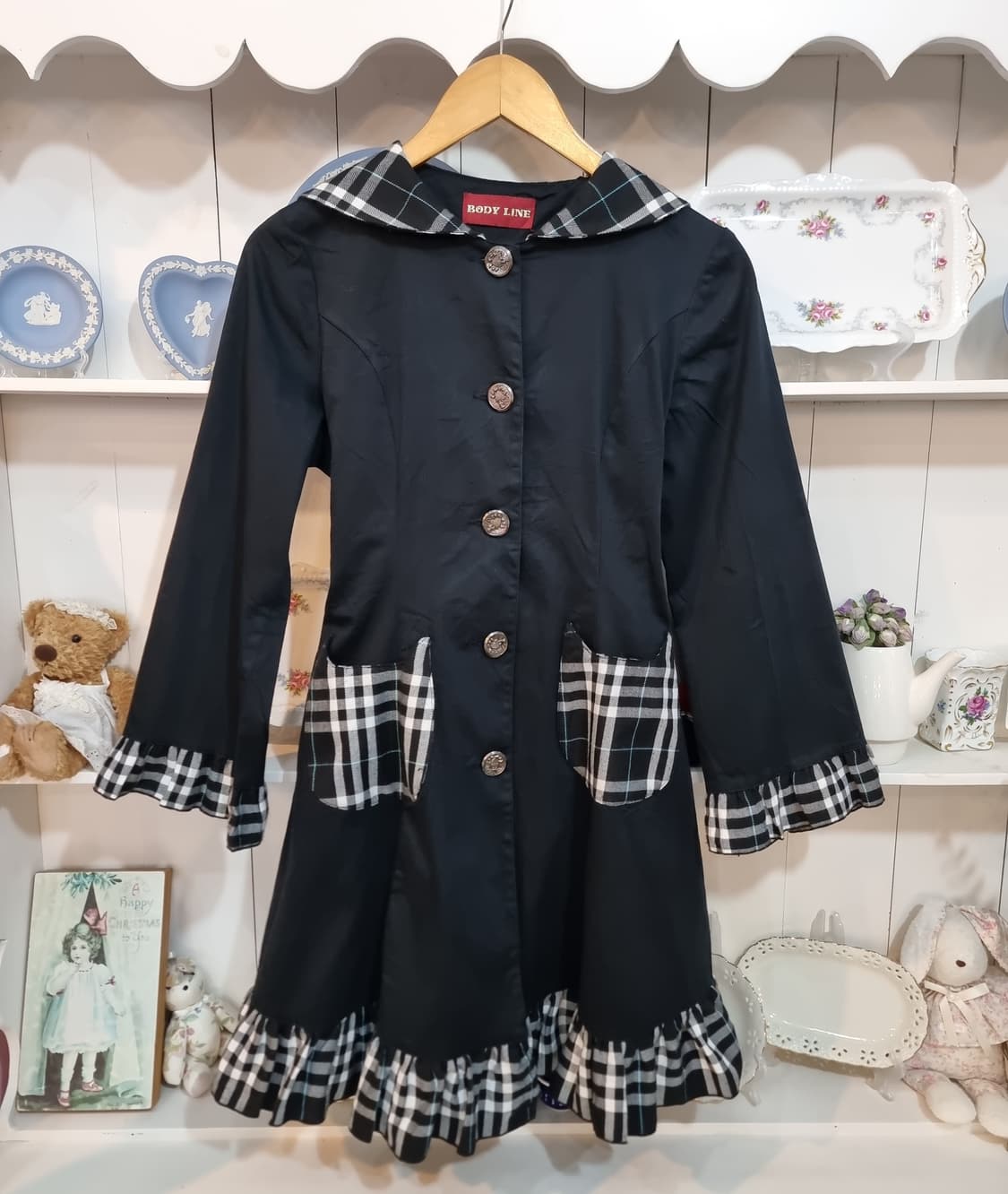 바디라인 체크 프릴 블랙 원피스 상품이미지5