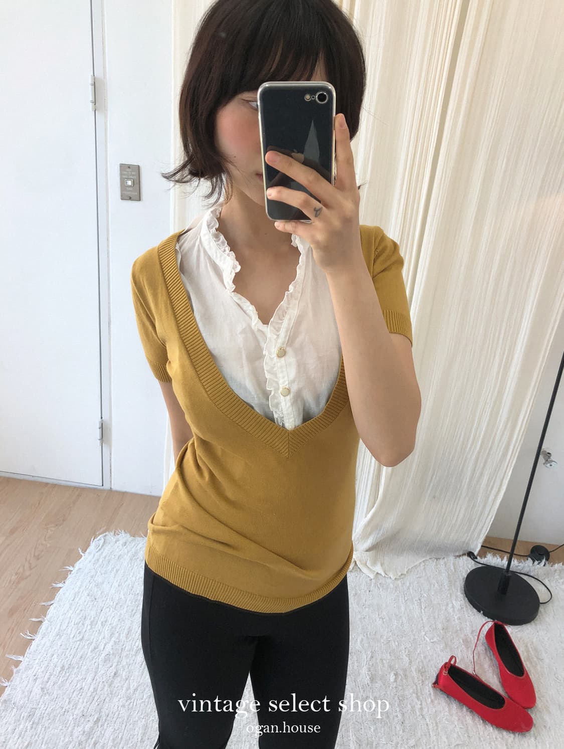 vintage mustard deep v 2-way top 상품이미지5