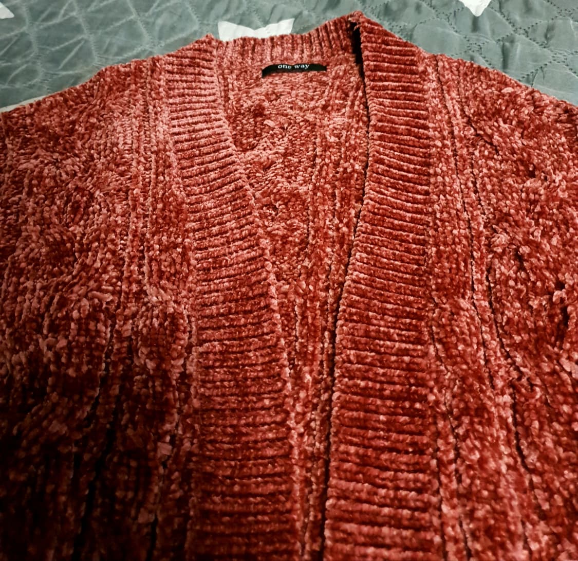 (일본제품) ONE WAY 오버사이즈 벨벳 버튼리스 가디건 버건디 (M) 상품이미지2