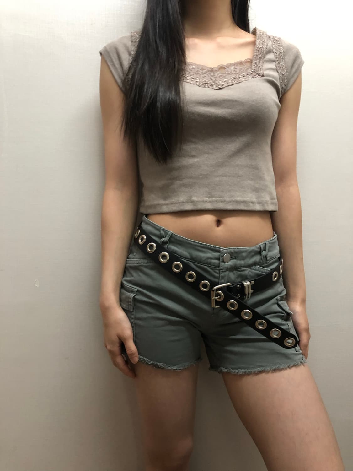 빈티지 라이트카키 레이스 티셔츠 상품이미지5