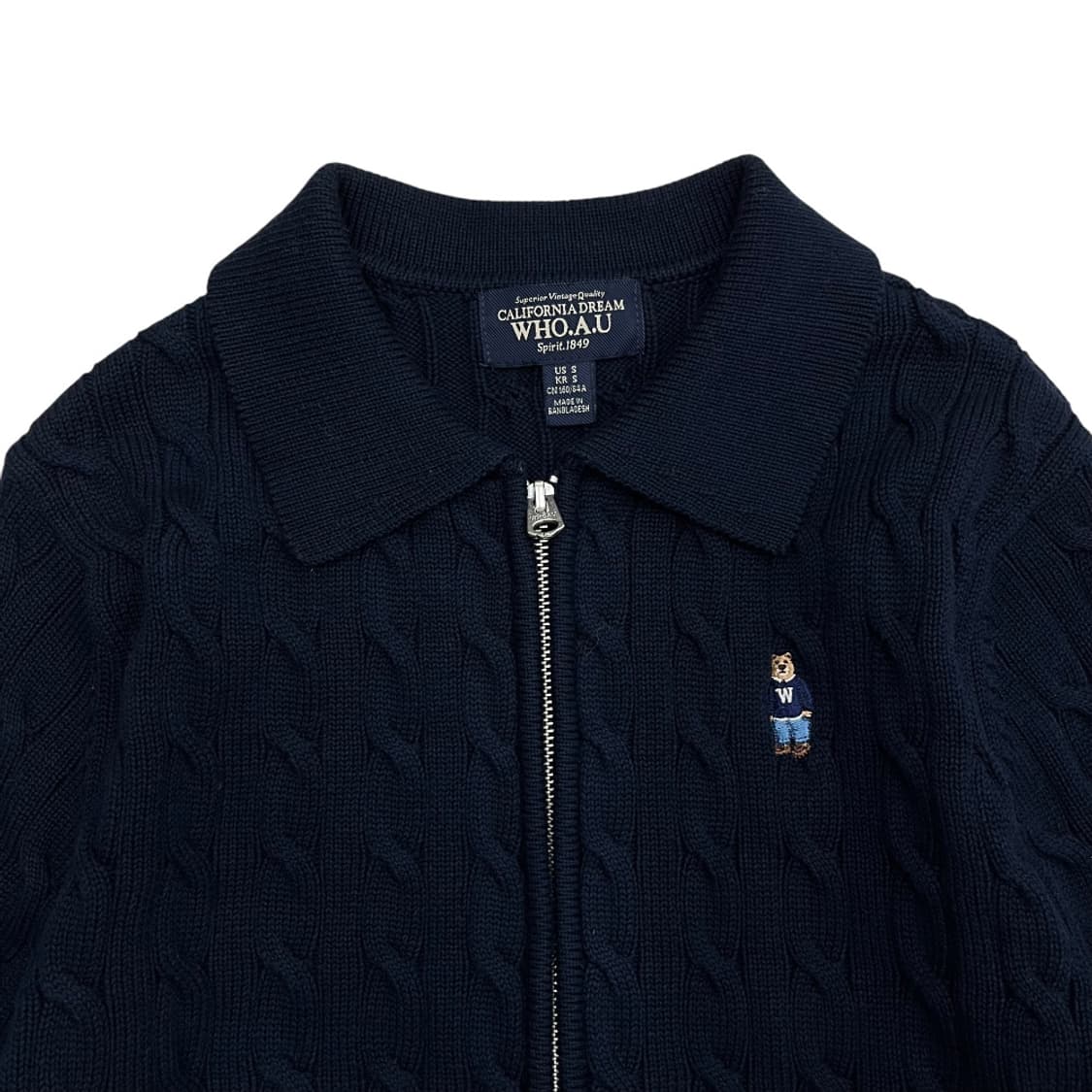 후아유 곰돌이로고 네이비 카라 꽈배기 니트집업 S 상품이미지4