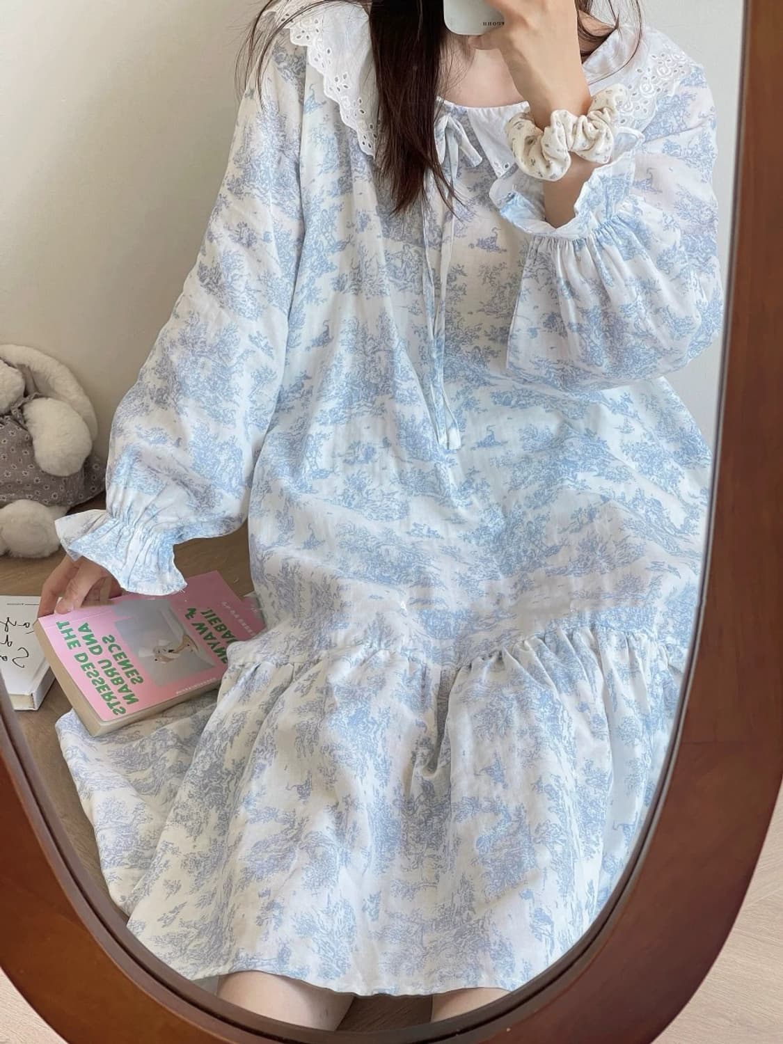 누아젤 프렌치 명화 패턴 파자마 원피스-블루 상품이미지3