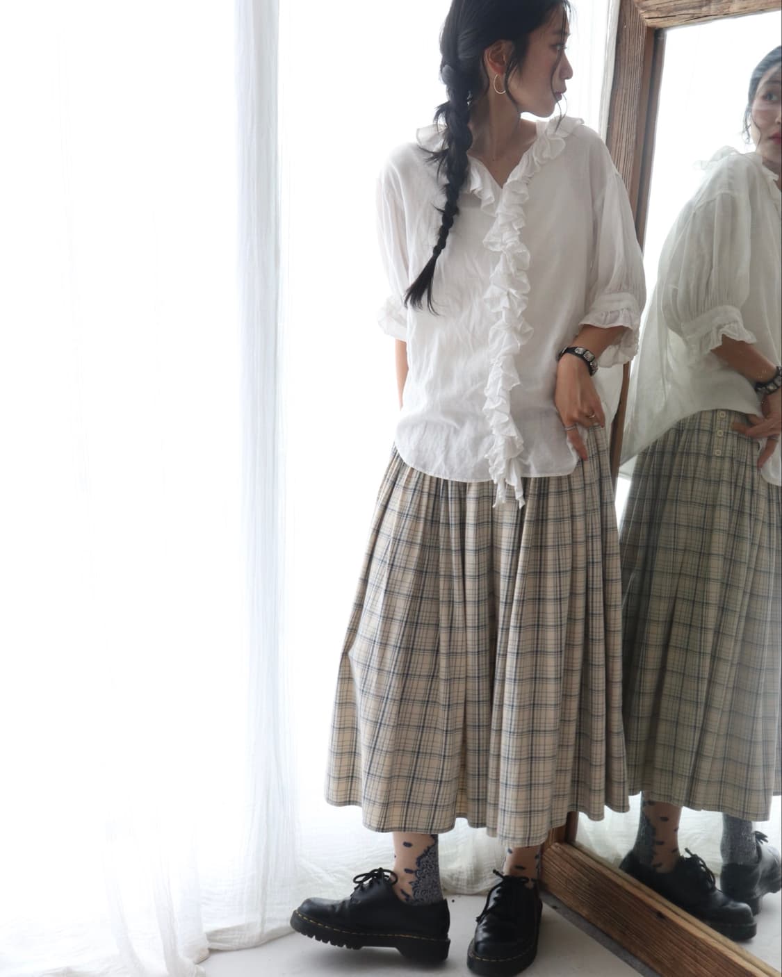 [45rpm] Blue Check Gather Flare Skirt 상품이미지2