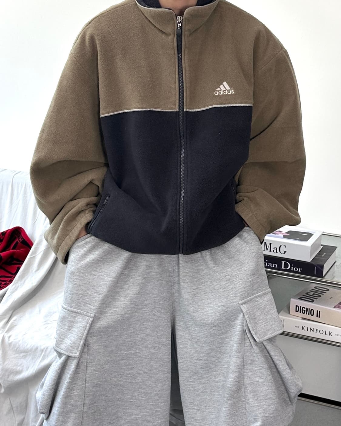 아디다스 카키 배색 플리스 자켓 110 상품이미지1
