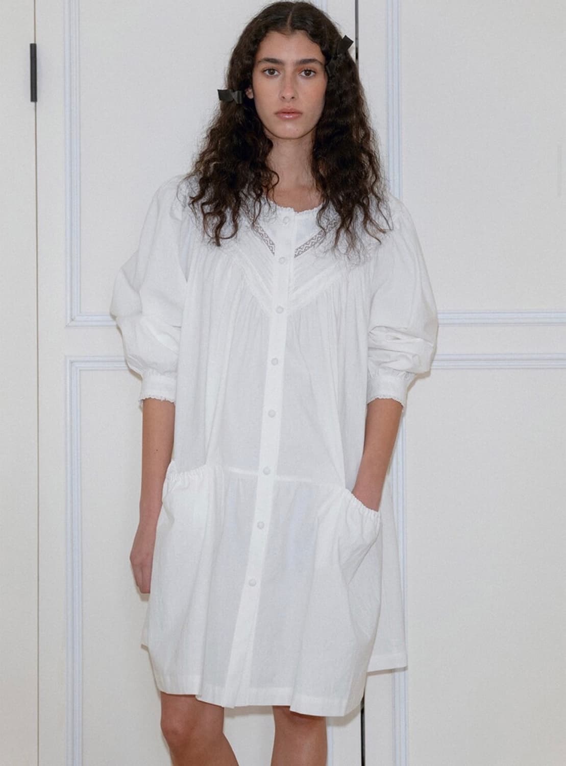 위러버 아이보리 레이스 컨트리 셔링 포켓 드레스 원피스 상품이미지2