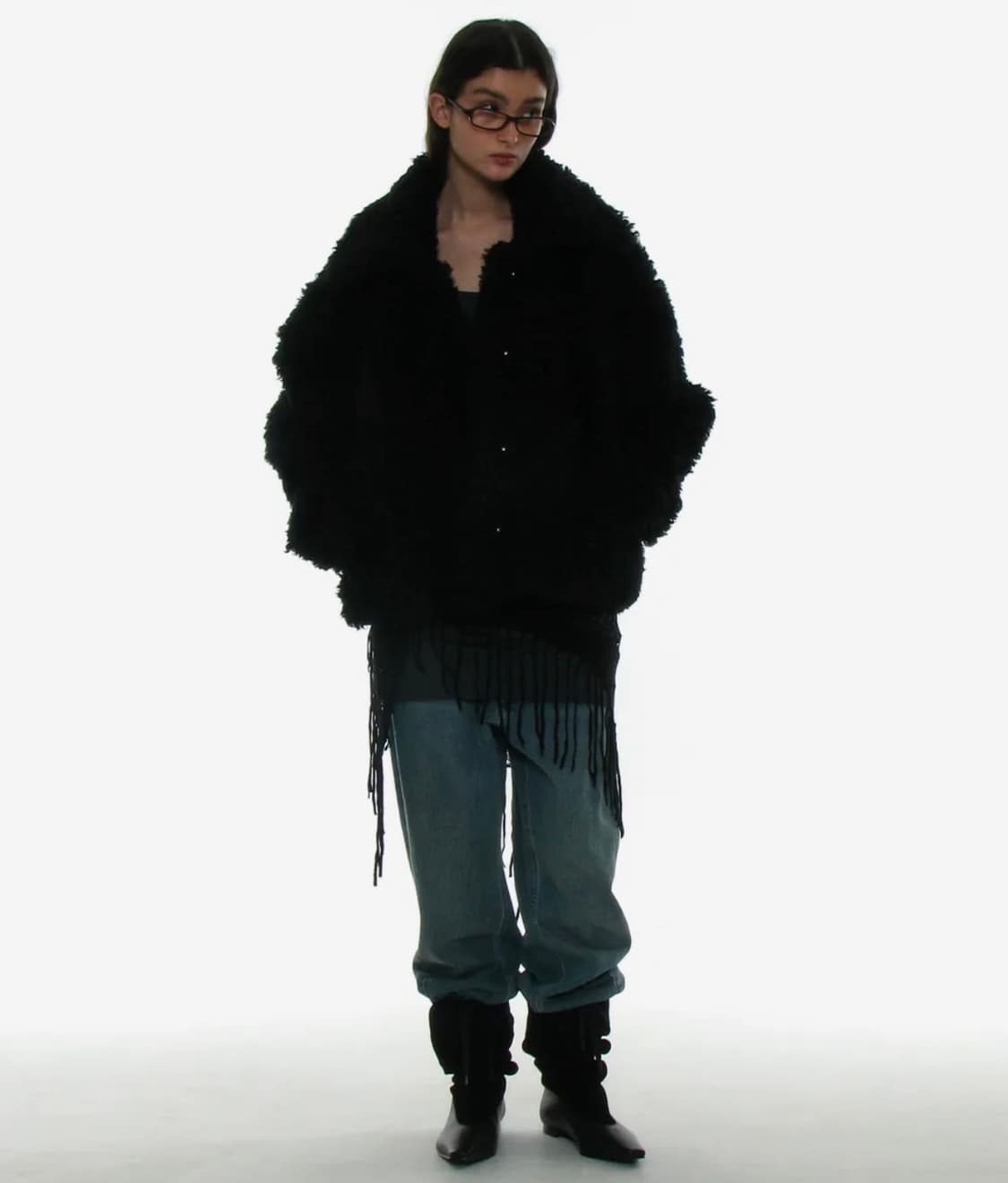 와이드 카라 플러피 퍼 코트_블랙 상품이미지2