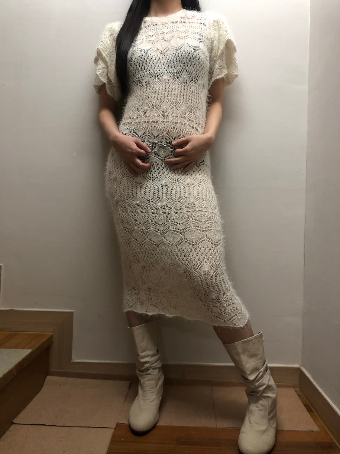 빈티지 화이트 프릴 글리터 니트 원피스 상품이미지3